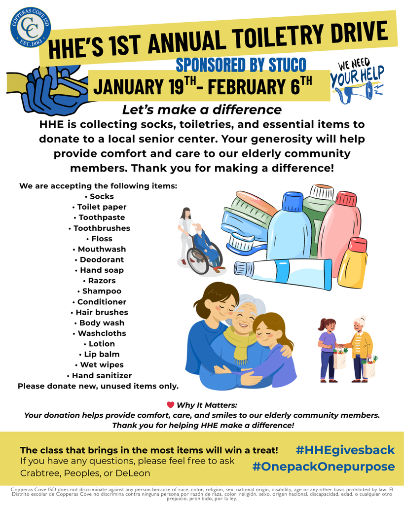 Toiletry Drive flyer with CCISD logo details in caption