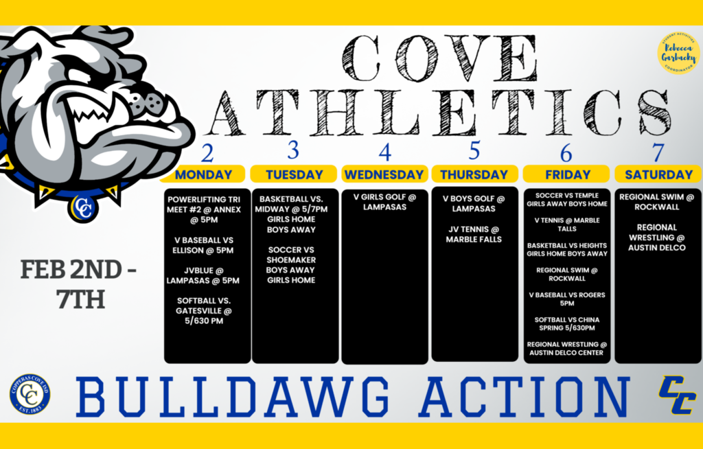 Graphic design of a chart containing the various events throughout the week for Copperas Cove High School.  Image contains the Copperas Cove ISD logo. Text in post body. 
