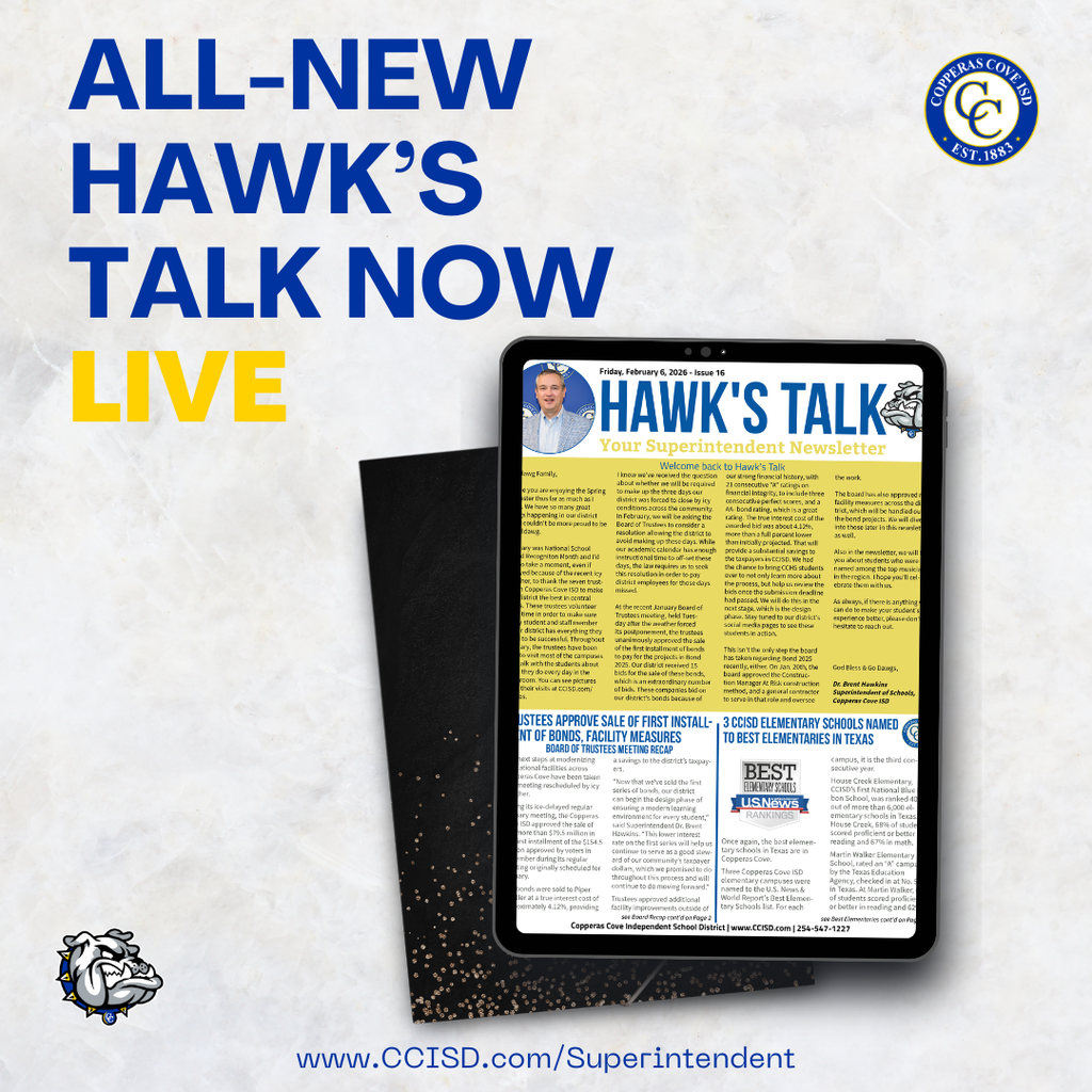 Graphic with CCISD logo and Bulldawg logo. Includes image of first page of newsletter. All-New Hawk's Talk now Live. www dot ccisd dot com slash superintendent