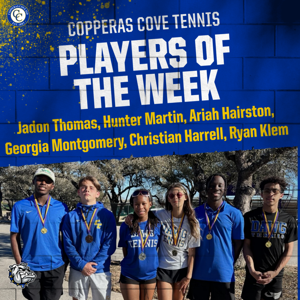 tennis players of the week jadon thomas, hunter martin, ariah hairston, georgia montgomery, christian harrell, and ryan klem 