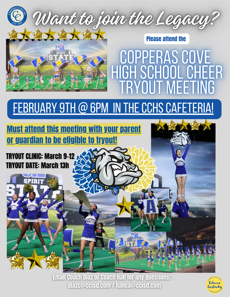 Flyer depicting the Copperas Cove High School Cheerleading squad in various states of performance.  Text in post body. 