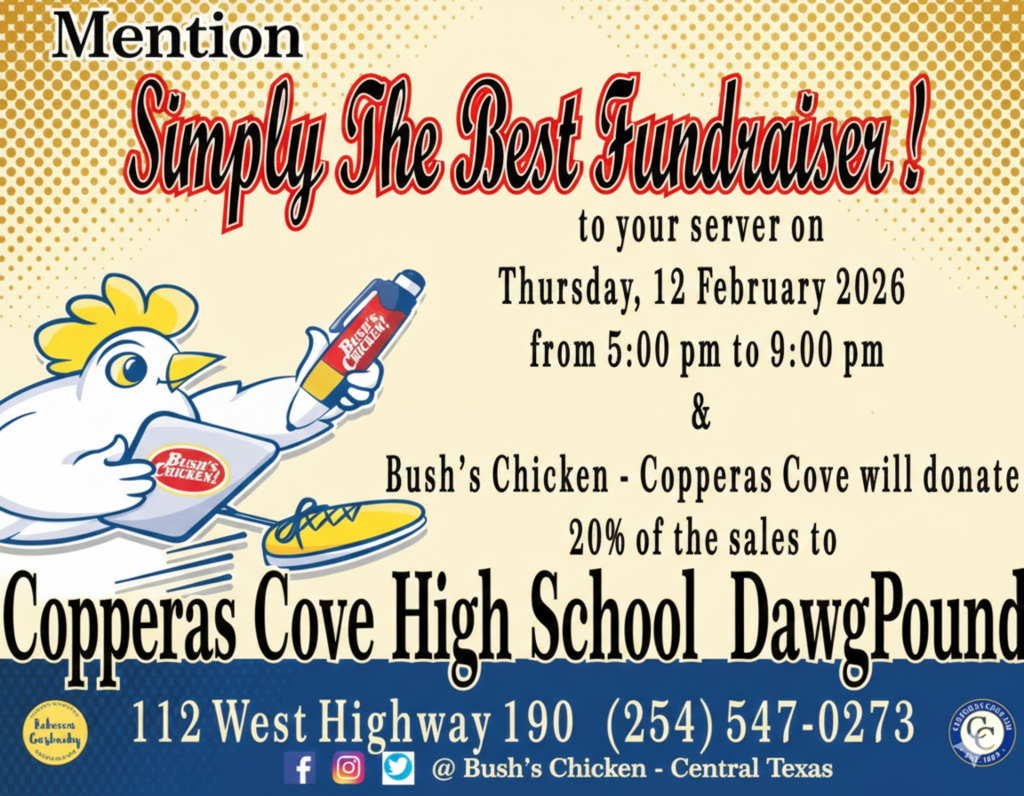 A flyer for Bush's chicken with a drawing of a chicken taking an order.  Text in message body. 