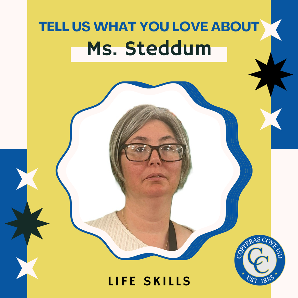 blue and gold graphic with ccisd seal and photo of teacher. text in post