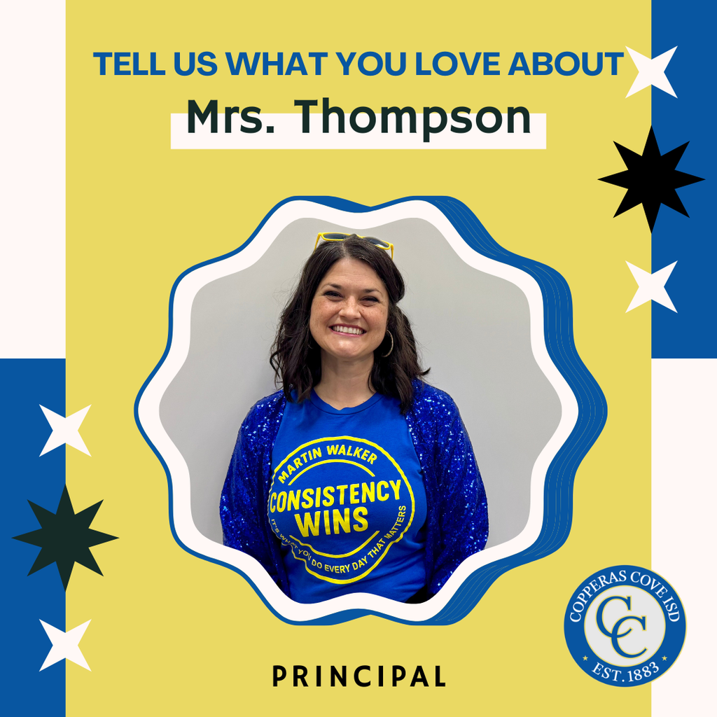 blue and gold graphic with ccisd seal and photo of principal. text in post