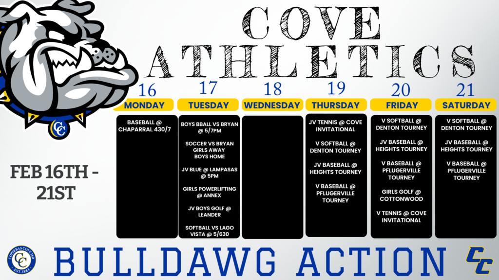 17-Feb 5pm JV Blue Lampasas Lampasas Feb. 16 4:30pm JV Gold Chaparral Chaparral Feb. 16 7pm Varsity Chaparral Chaparral Feb. 17 Bryan 9AB, JV, V Cove 5, 6, 5:30, 7 17-Feb Bryan JVB/JVA/V Home 4:30/5:45/7:30PM 17-Feb Bryan JV/V Bryan 5:15/ 700 17-Feb cove LCQ girls only cove 5 17-Feb Leander JV boys Crystal Falls 8:30am 17-Feb Lago Vista JV/V Cove 5:00/6:30 19-Feb Cove Spring Invitational JV Cove 8:00am 19-Feb Denton Tournament V Denton TBA Feb. 19-21 TBA JV Blue Harker Heights Tourney Feb. 19-21 TBA JV Gold Harker Heights Tourney Feb. 19-21 TBA Varsity Pflugerville Tourney 20-Feb Bye 20-Feb Bye 20-Feb Waco University V girls Cottonwood Creek 8:30am 20-Feb Cove Spring Invitational VG/VB Cove 8:00am 20-Feb Denton Tournament V Denton TBA 21-Feb Denton Tournament V Denton TBA