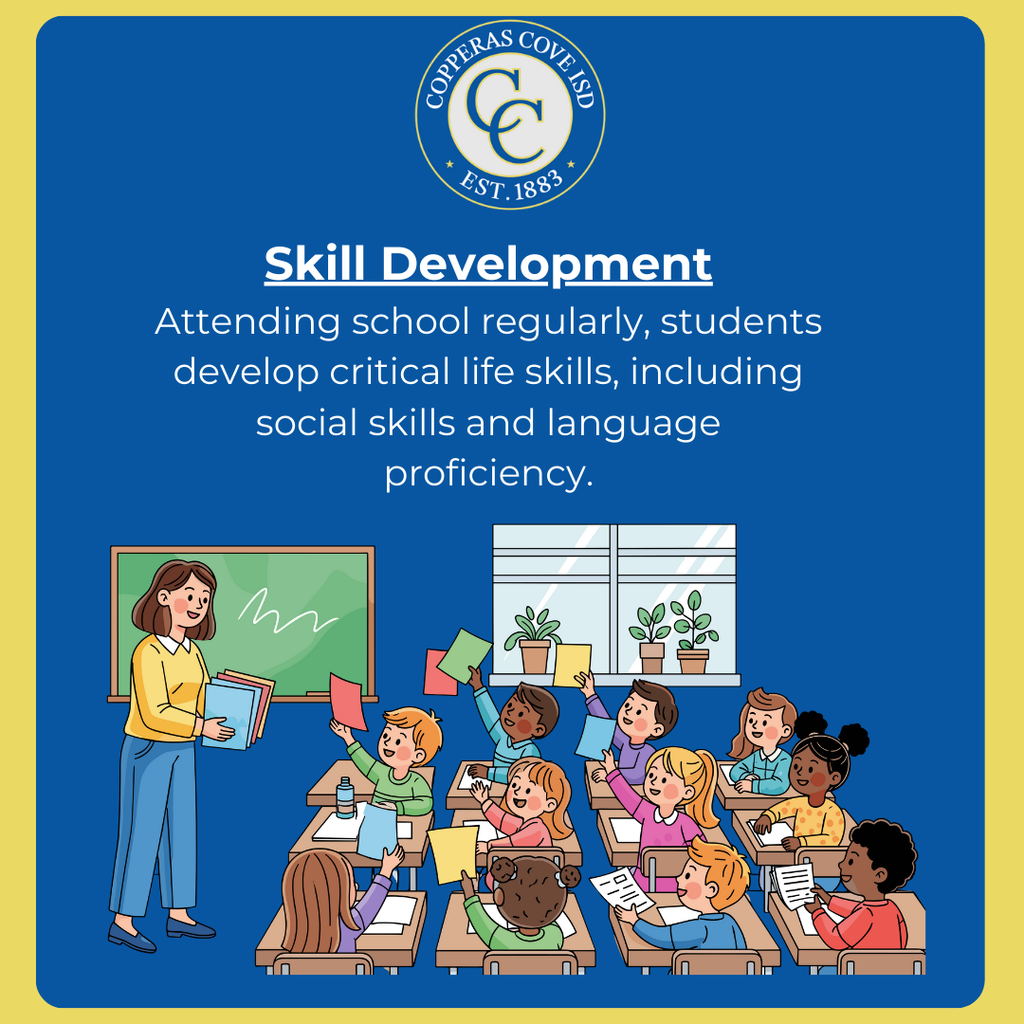 blue and gold graphic with ccisd seal and clip art of teacher and students in classroom. text in post