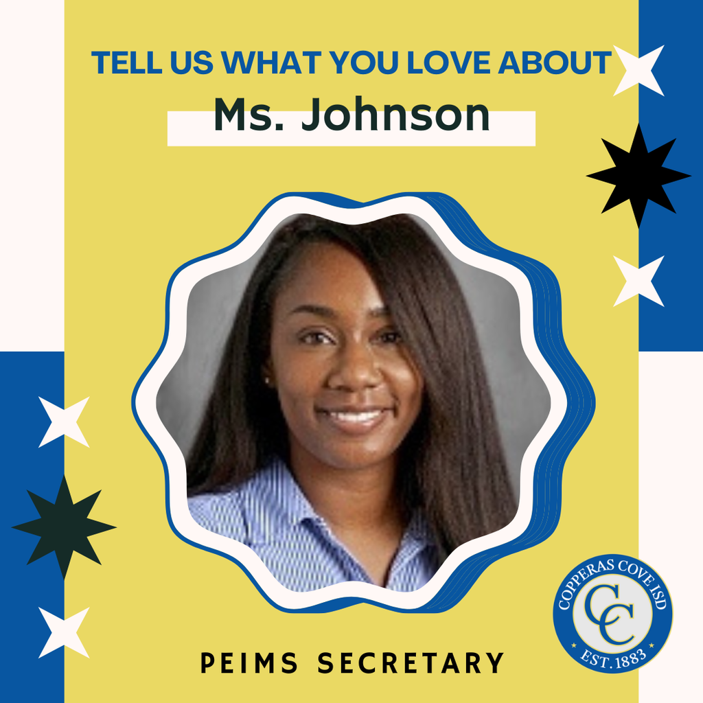 blue and gold graphic with ccisd seal and photo of teacher. text in post