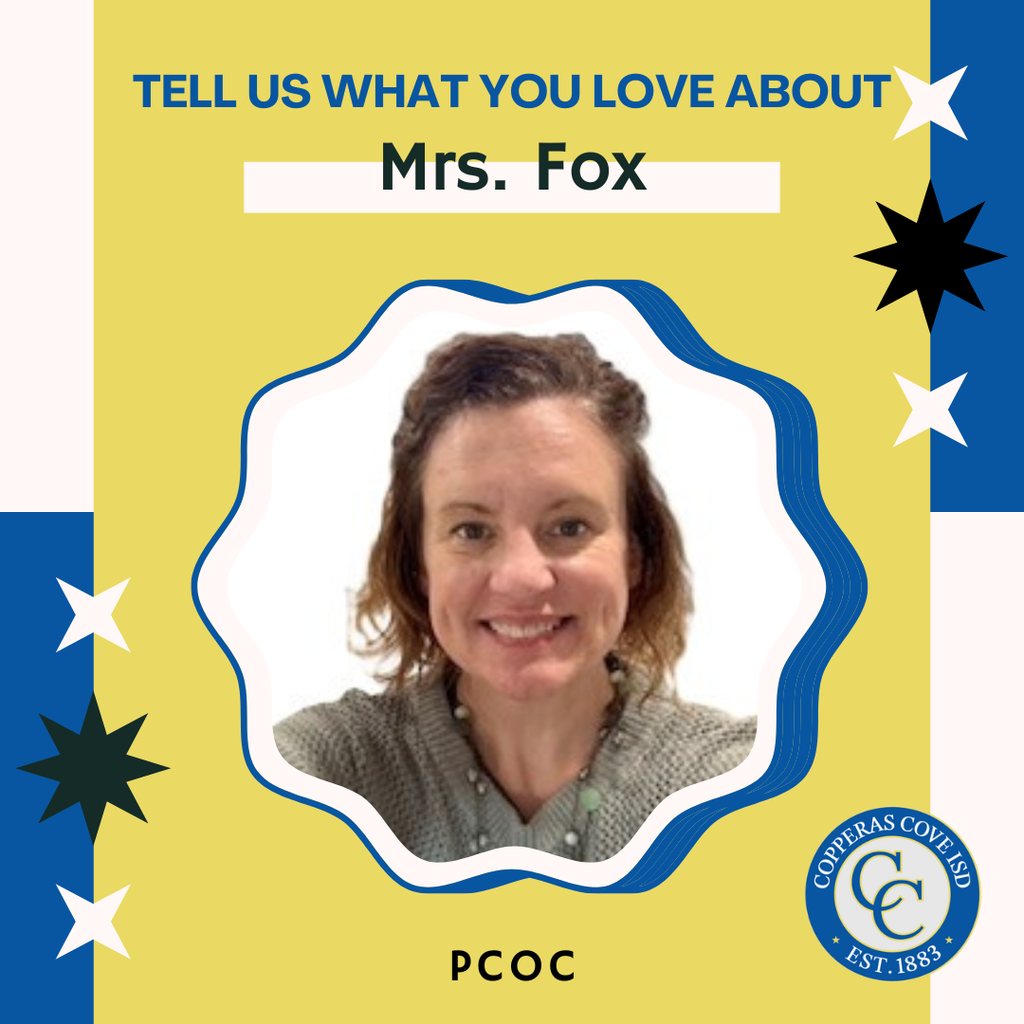 blue and gold graphic with ccisd seal and photo of teacher. text in post