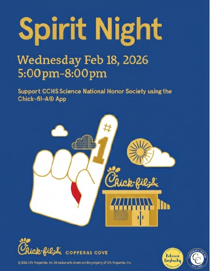 Graphical flyer with a foam finger clipart and the clipart of a Chick-Fil-A. Text in post body.