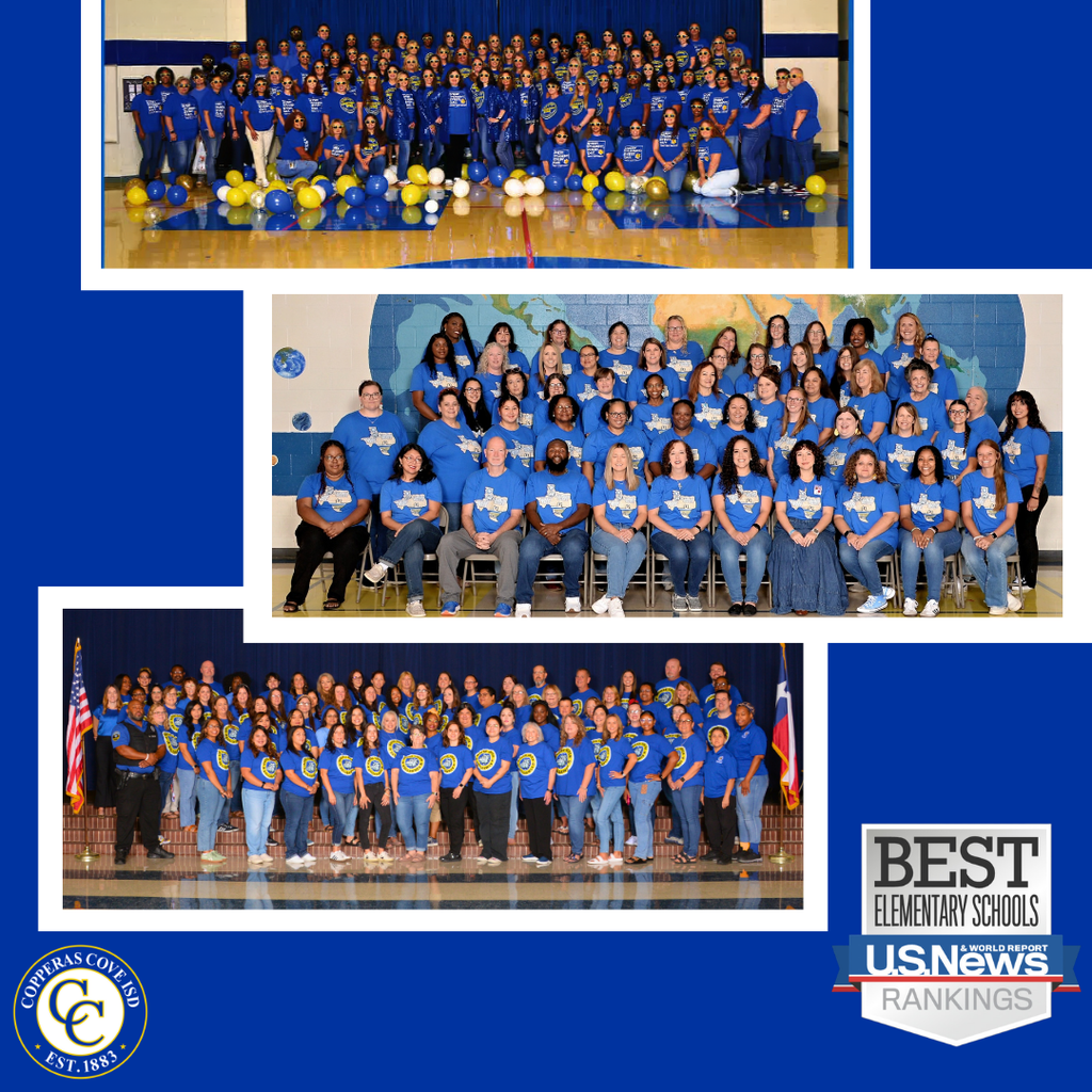 Graphic with CCISD logo, US News & World Report Best Elementary Schools emblem. Staff photos from three campuses featured.