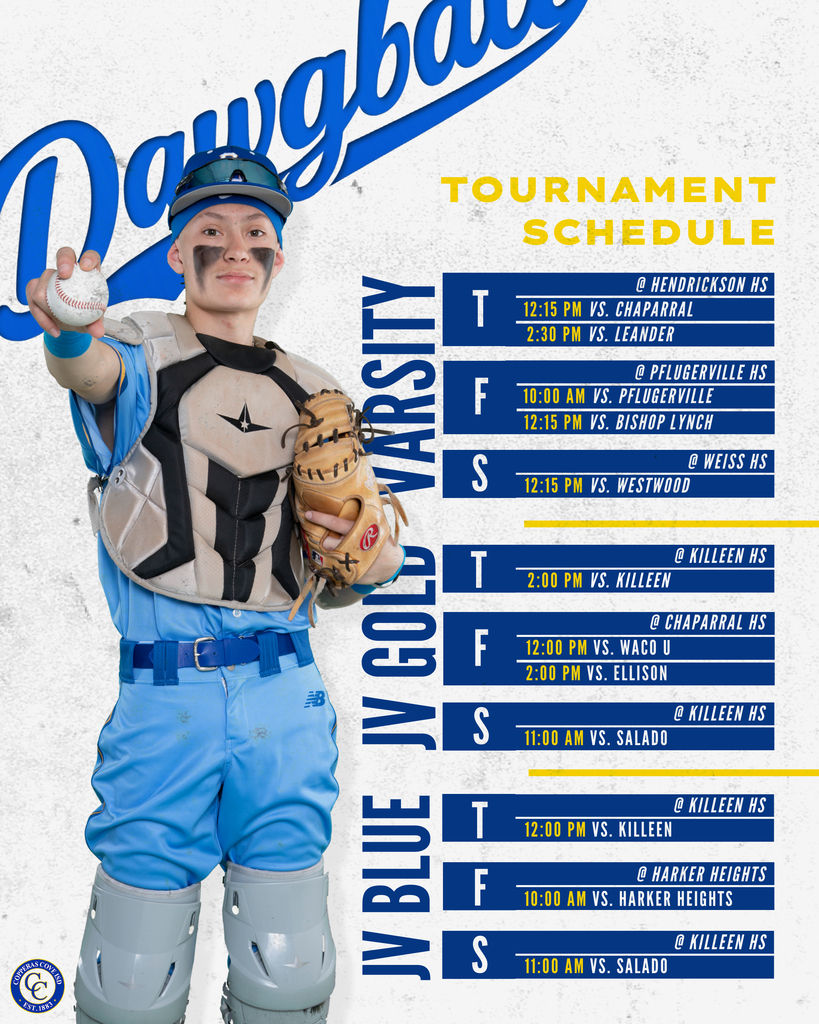 varstiy tournament schedule- thurs cahparral and leander fri pflugerville and bishop lynch, sat westwood.  jvgold thurs killeen, fr waco u and ellison, sat salado. jv blue killeen harker heights and salado
