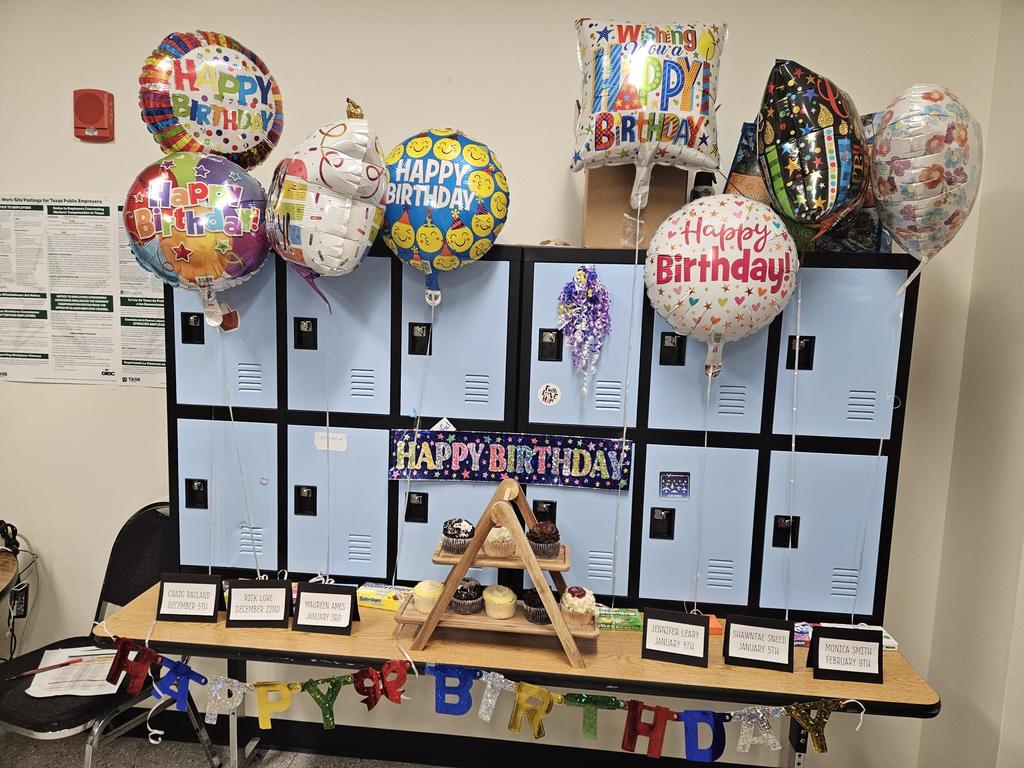 Picture of balloons and cupcakes in teacher lounge.