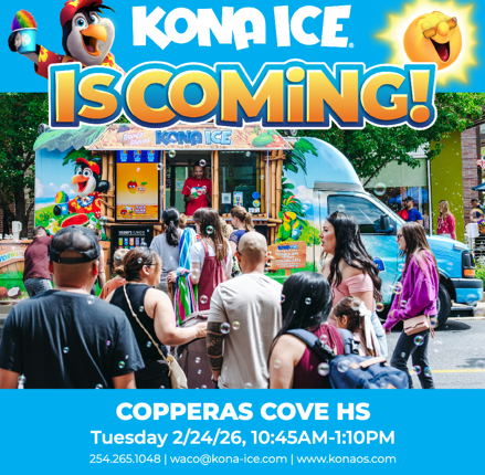 A graphical flyer with people queueing for the Kona Ice truck. Text in post body.