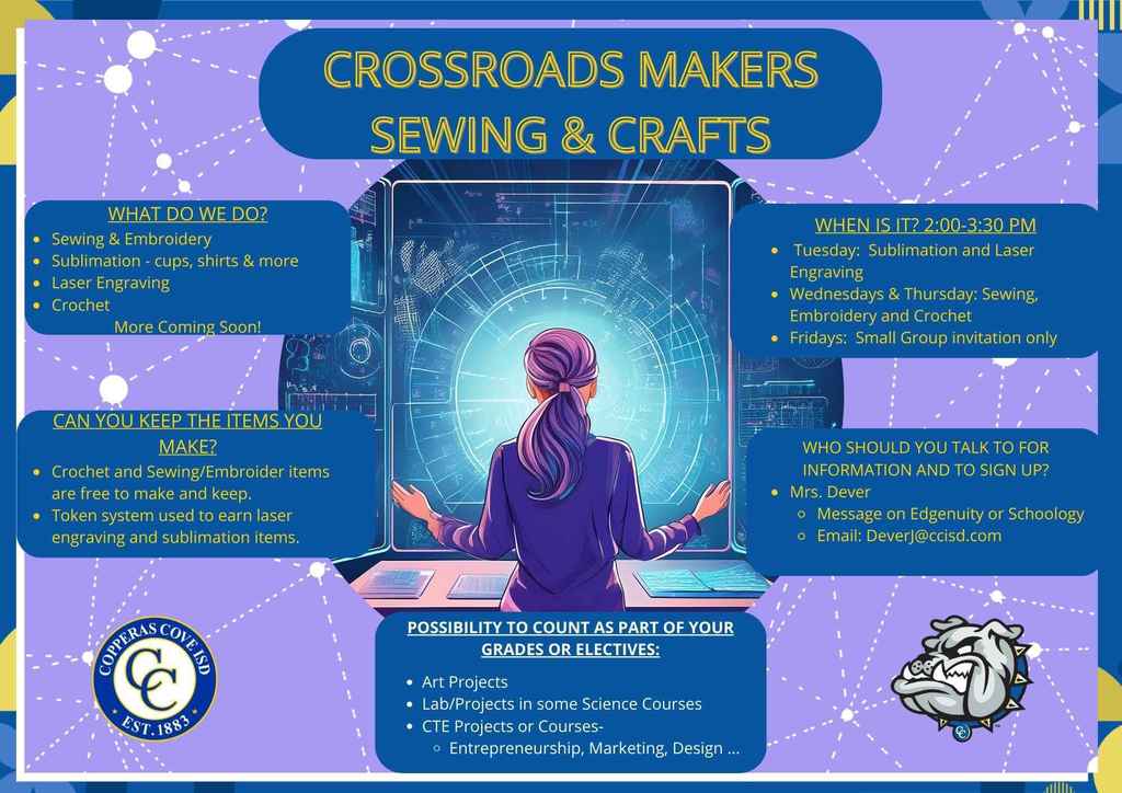 Crossroads Makers Sewing & Crafts Club poster with logos