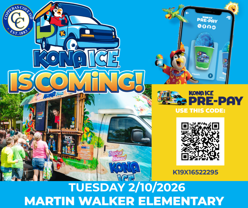 Colorful flyer with ccisd seal, Kona Ice truck and QR code K19X16522295 .  Text and link in post