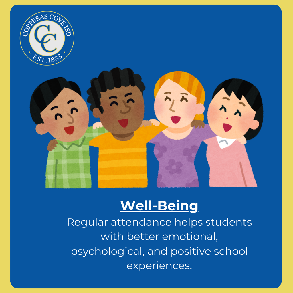 blue and gold graphic with ccisd seal and clip art of four friends standing together smiling. text in post