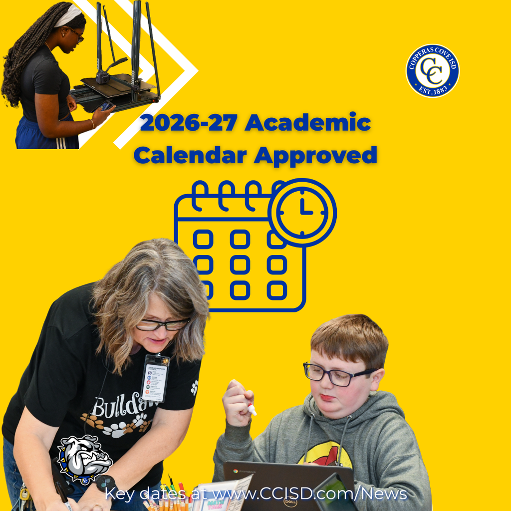 Graphic with CCISD logo. 2026-27 Academic Calendar Approved. Key dates at www dot ccisd dot com slash news