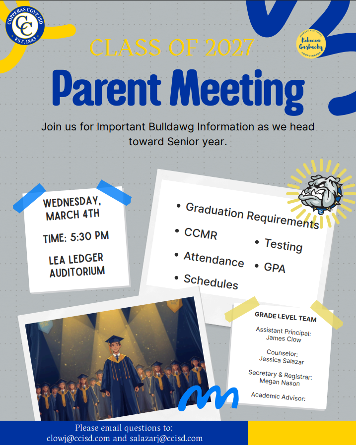 A graphical flyer with the Copperas Cove ISD Bulldawg logo and clipart of graduates on a stage. Text in post body.