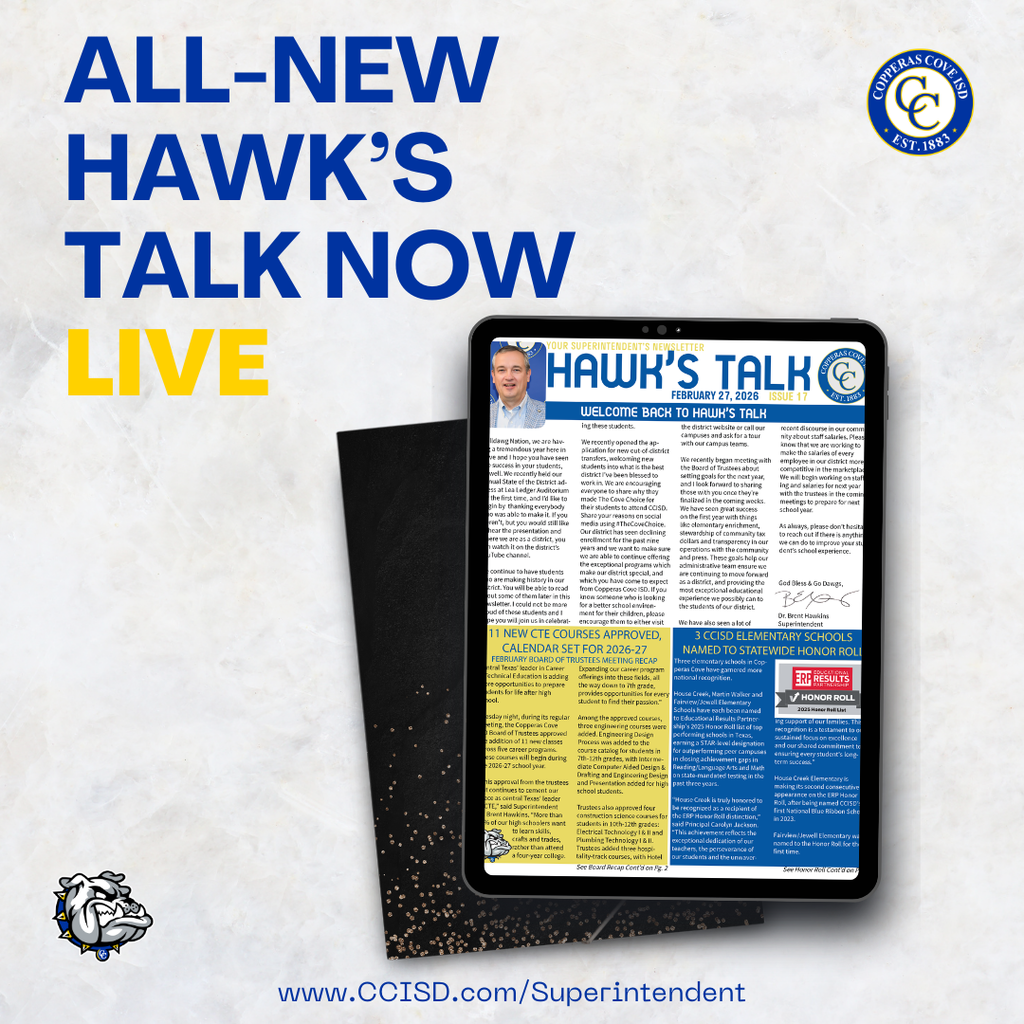 Graphic with CCISD logo. All-new Hawk's Talk now live. www dot ccisd dot com slash superintendent