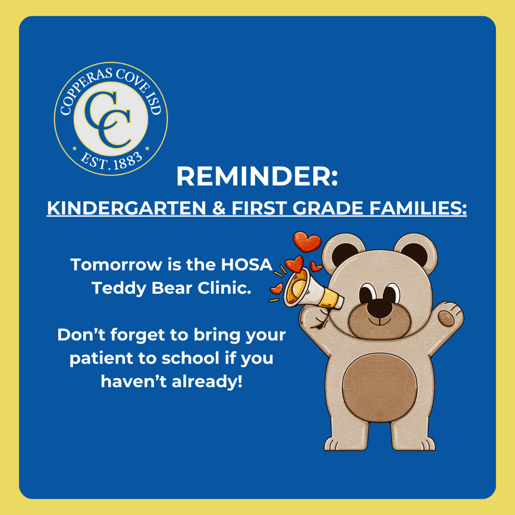 blue and gold graphic with ccisd seal and clip art of teddy bear holding a megaphone. text in post