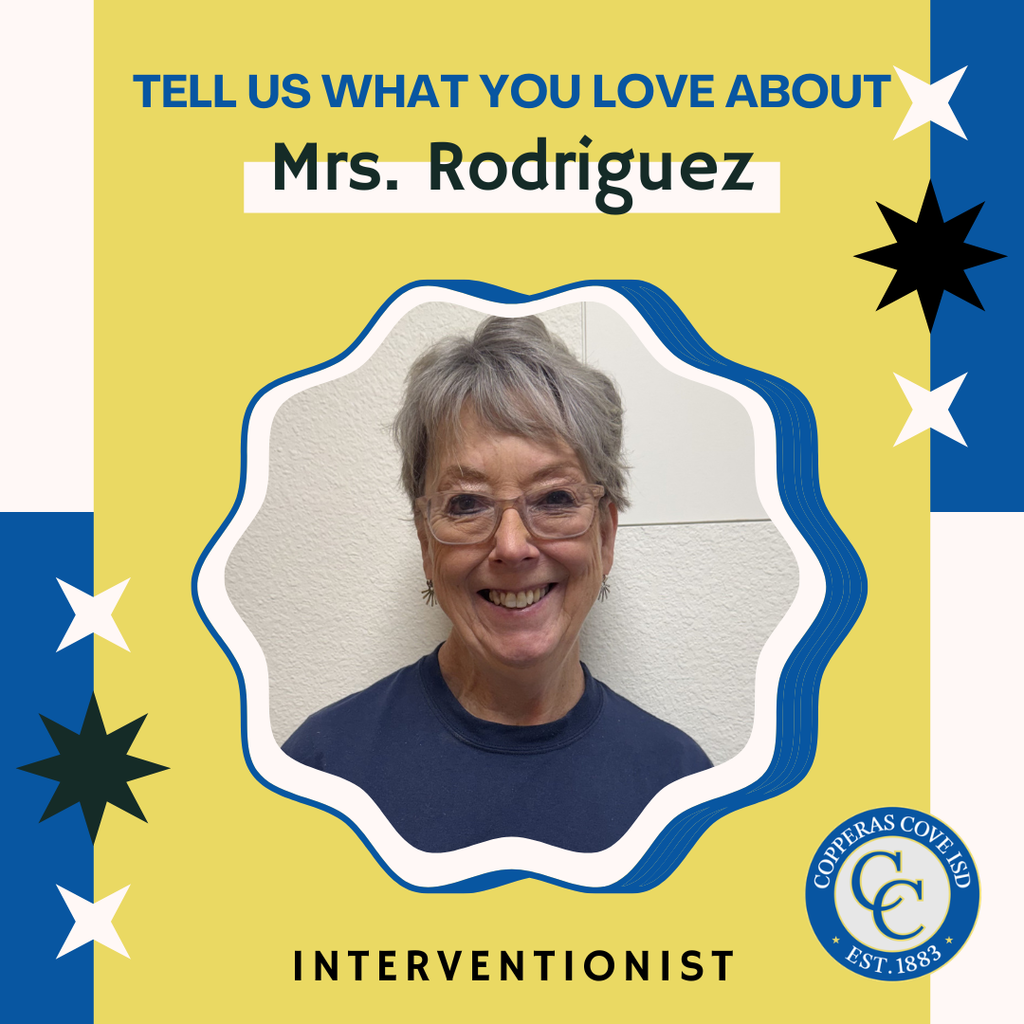 blue and gold graphic with ccisd seal and photo of teacher. text in post