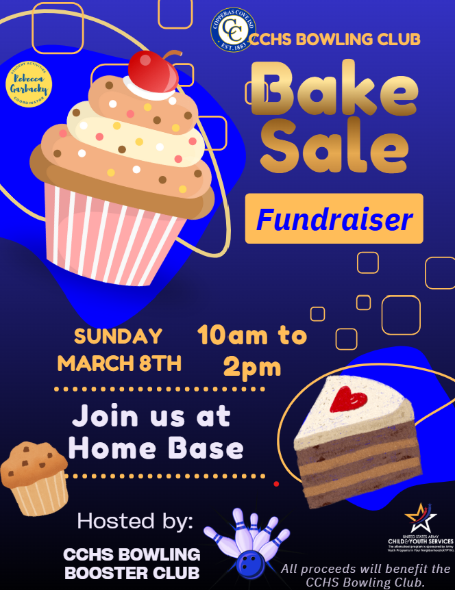 A graphic design with clipart of pastries and bowling balls and pins. Text in message body.