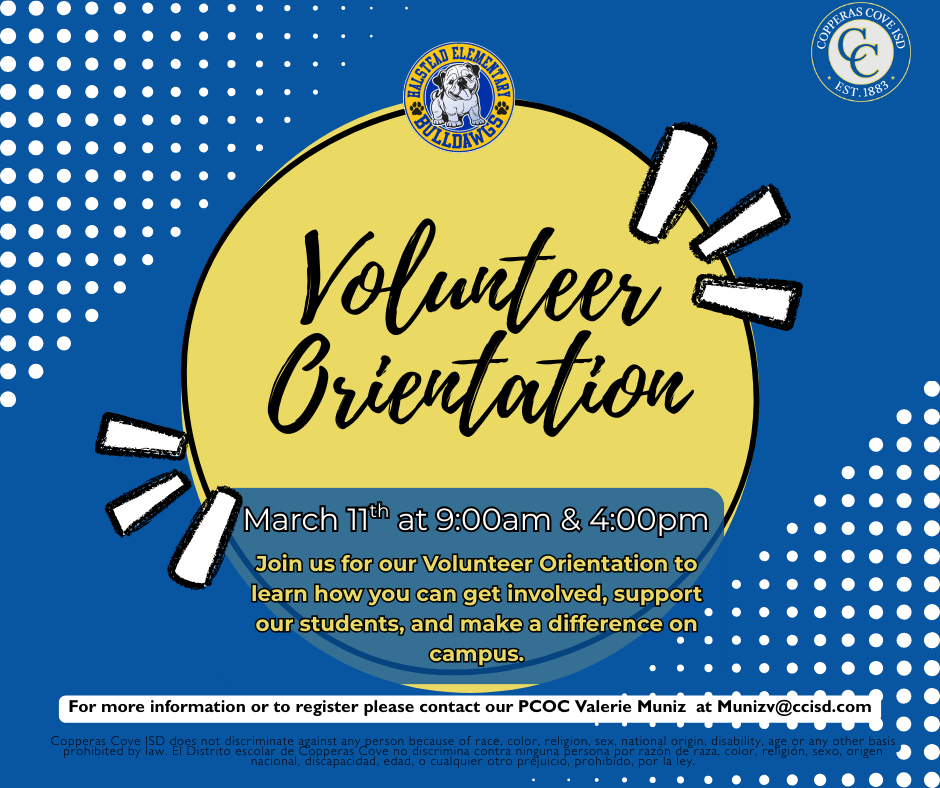 Volunteer orientation flyer with CCISD logo details in caption