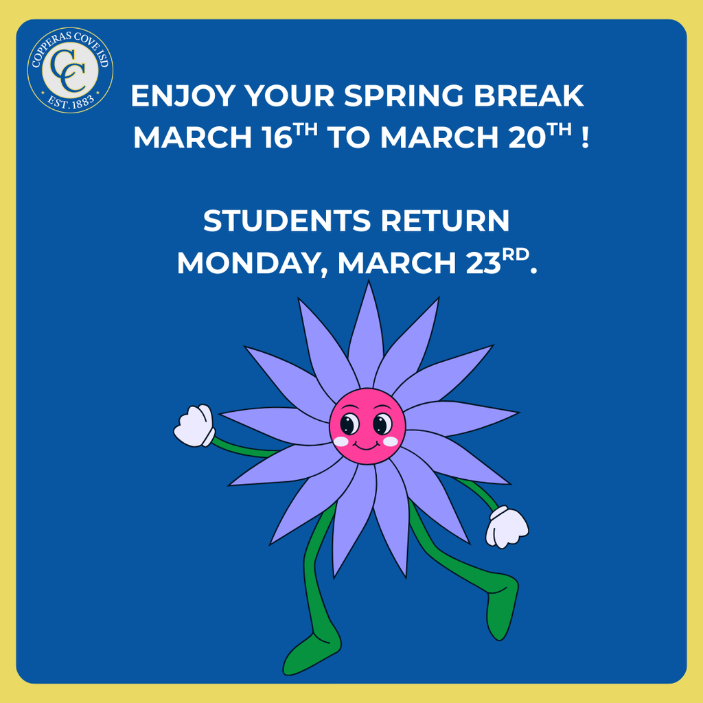 blue and gold graphic with ccisd seal and clip art of flower with a smiling face, arms and legs. text in post