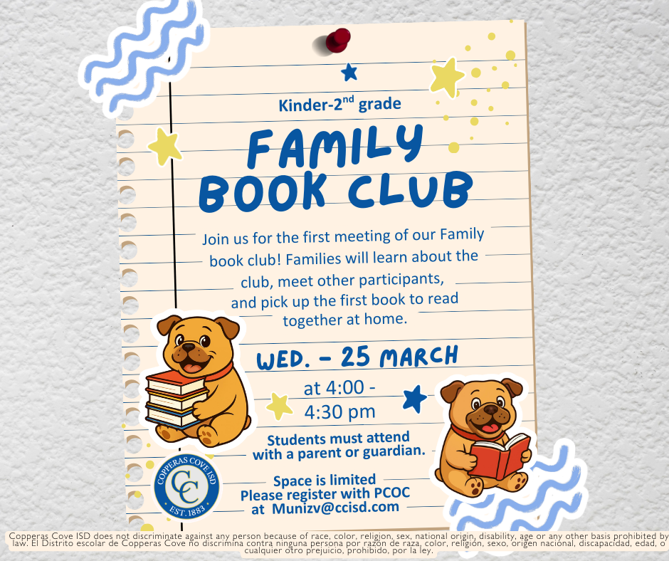 Family book club flyer with CCISD logo details in caption
