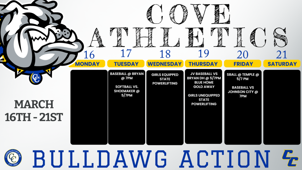 17-Mar Shoemaker JV/V Cove 5:00/7:00 mar 18-19 Girls State ( equip/ unequipped) Edinburg TBA Mar. 17 7pm Varsity Bryan Bryan Mar. 19 5pm/7pm JV Blue Bryan DH Cove Mar. 19 5pm/7pm JV Gold Bryan DH Bryan 20-Mar Temple JV/V Temple 5:00 7:00 Mar. 20 7pm Varsity Johnson City Cove
