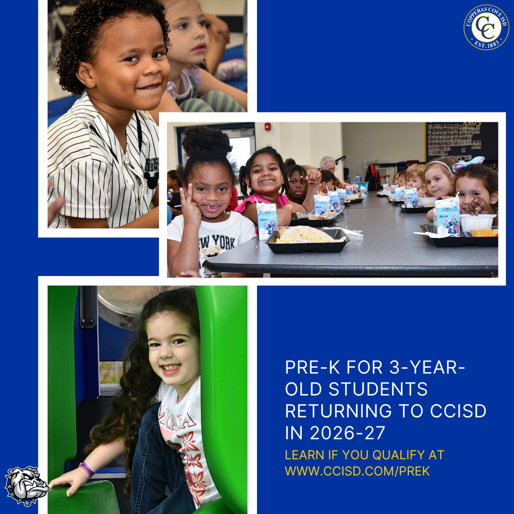 Graphic with CCISD logo, photos of happy Pre-K students. Pre-K for 3-year-old students returning to CCISD in 2026-27. Learn if you qualify at www dot ccisd dot com slash prek