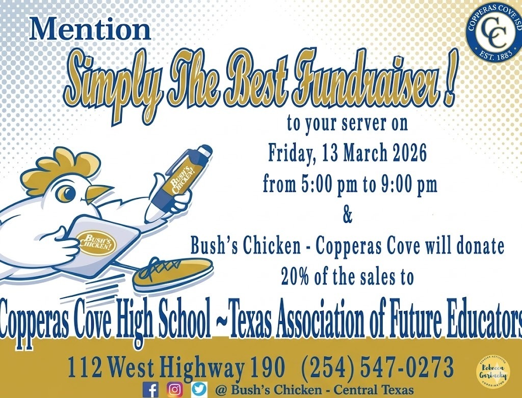 A graphic design with a cartoon chicken taking a food order. Text in post body.