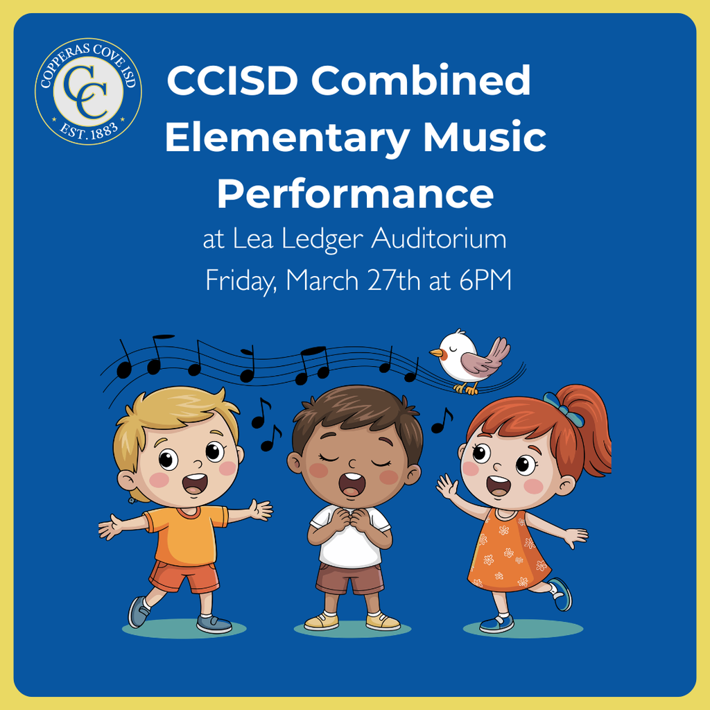 blue and gold graphic with ccisd seal and clip art of children singing. text in post