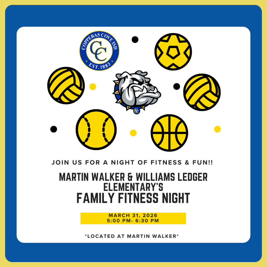 blue and gold graphic with ccisd seal and clip art of volleyball, soccer ball, basketball, baseball and bulldawg. text in post