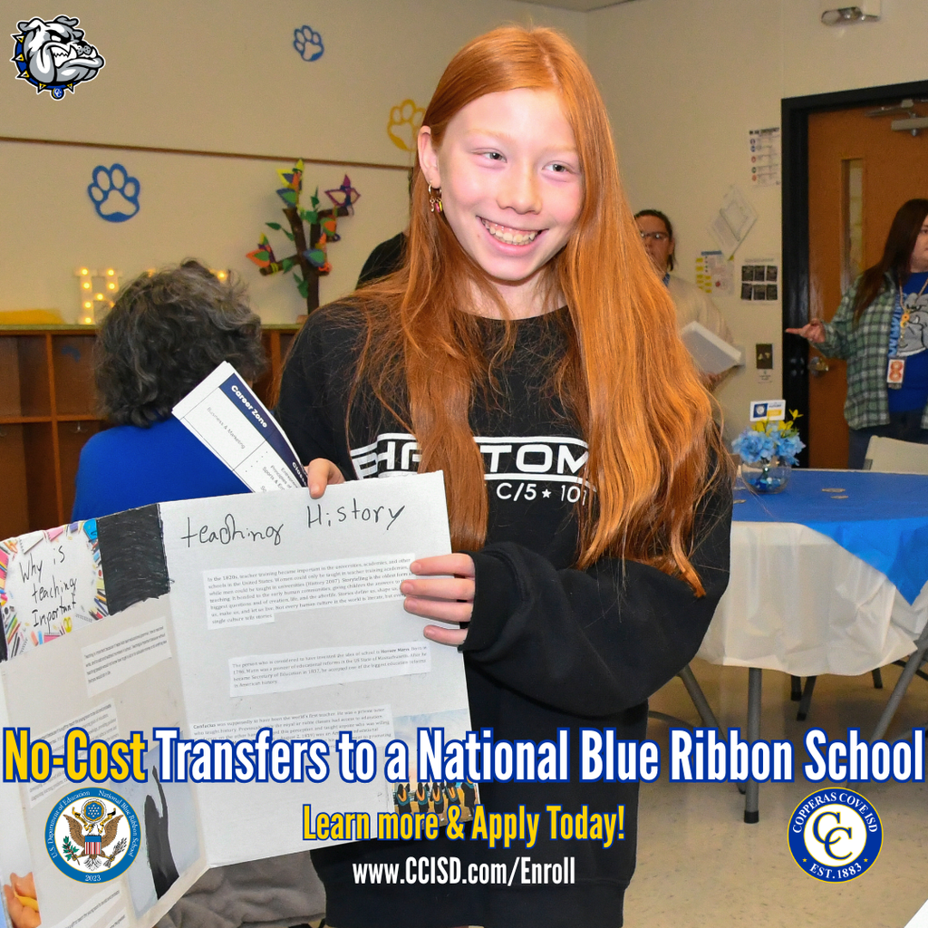 Graphic with CCISD logo, Bulldawg logo. No-cost transfers to a National Blue Ribbon School. Learn more & apply today! www dot ccisd dot com slash enroll. Includes National Blue Ribbon School logo