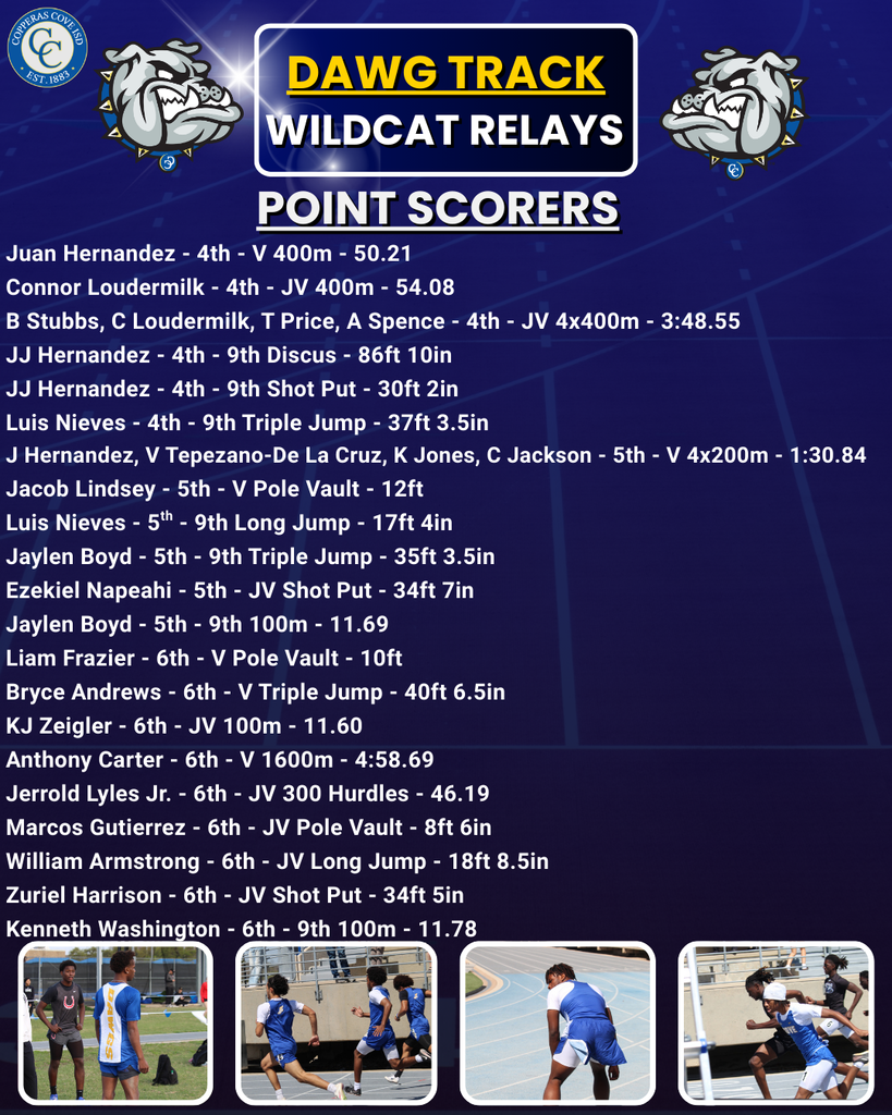 Point Scorers     Juan Hernandez - 4th - V 400m - 50.21  Connor Loudermilk - 4th - JV 400m - 54.08  B Stubbs, C Loudermilk, T Price, A Spence - 4th - JV 4x400m - 3:48.55  JJ Hernandez - 4th - 9th Discus - 86ft 10in   JJ Hernandez - 4th - 9th Shot Put - 30ft 2in   Luis Nieves - 4th - 9th Triple Jump - 37ft 3.5in   J Hernandez, V Tepezano-De La Cruz, K Jones, C Jackson - 5th - V 4x200m - 1:30.84   Jacob Lindsey - 5th - V Pole Vault - 12ft  Jaylen Boyd - 5th - 9th Triple Jump - 35ft 3.5in   Ezekiel Napeahi - 5th - JV Shot Put - 34ft 7in   Jaylen Boyd - 5th - 9th 100m - 11.69   Liam Frazier - 6th - V Pole Vault - 10ft  Bryce Andrews - 6th - V Triple Jump - 40ft 6.5in  KJ Zeigler - 6th - JV 100m - 11.60  Anthony Carter - 6th - V 1600m - 4:58.69  Jerrold Lyles Jr. - 6th - JV 300 Hurdles - 46.19   Marcos Gutierrez - 6th - JV Pole Vault - 8ft 6in   William Armstrong - 6th - JV Long Jump - 18ft 8.5in  Zuriel Harrison - 6th - JV Shot Put - 34ft 5in   Kenneth Washington - 6th - 9th 100m - 11.78
