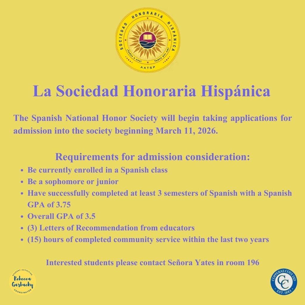 An informational post. The seals of SOCIEDAD HONORIA HISPANICA, Copperas Cove ISD, and Rebecca Garbacky are present.  Text in post body. 