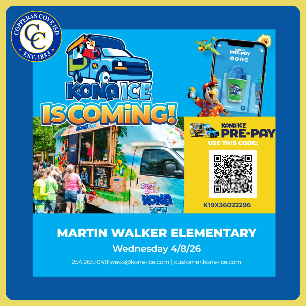 Colorful flyer with ccisd seal, Kona Ice truck and QR code https://customer.kona-ice.com/#/K19X36022296. Text and link in post