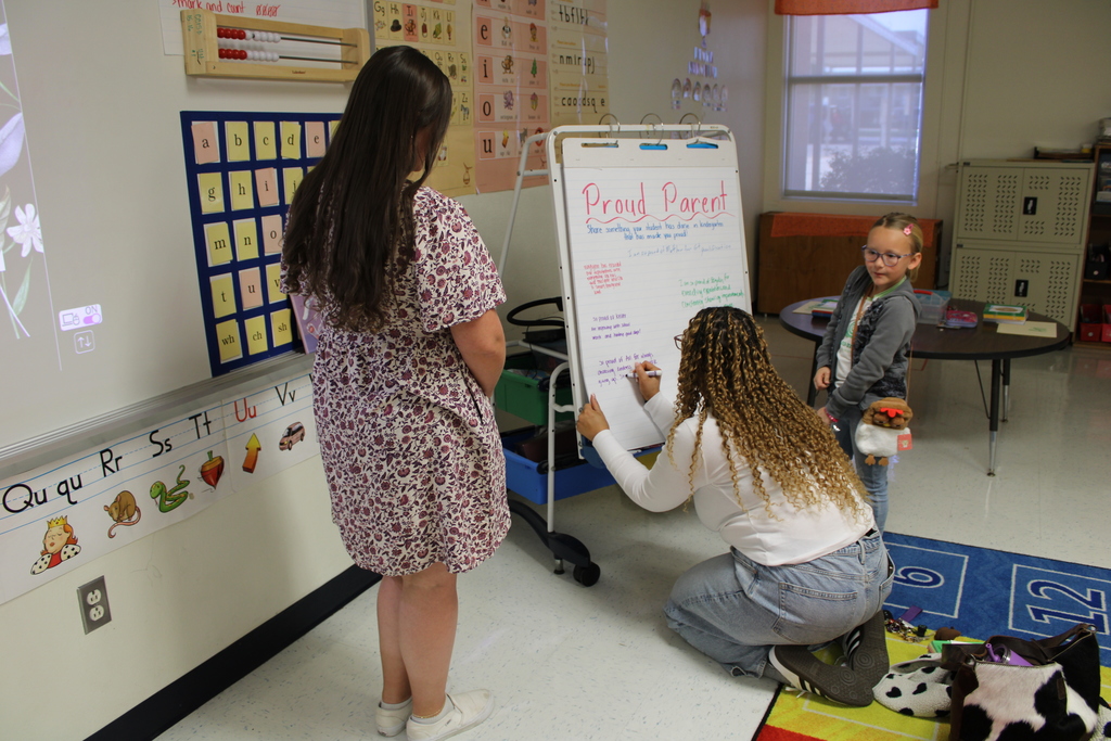 Parents and staff in classroom discussing students