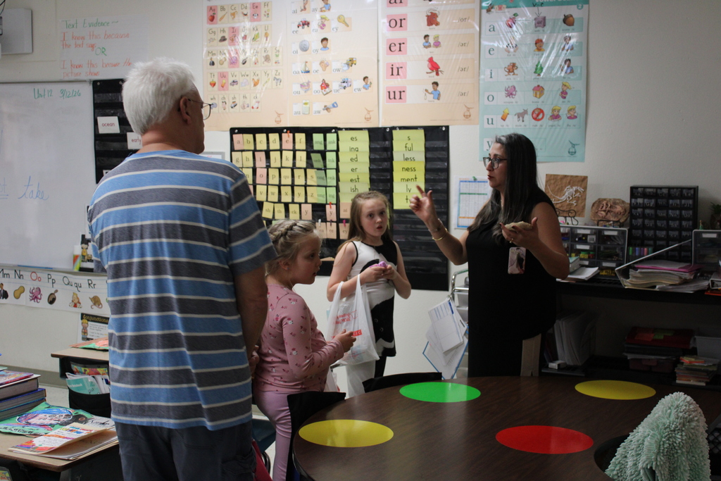 Parents and staff in classroom discussing students