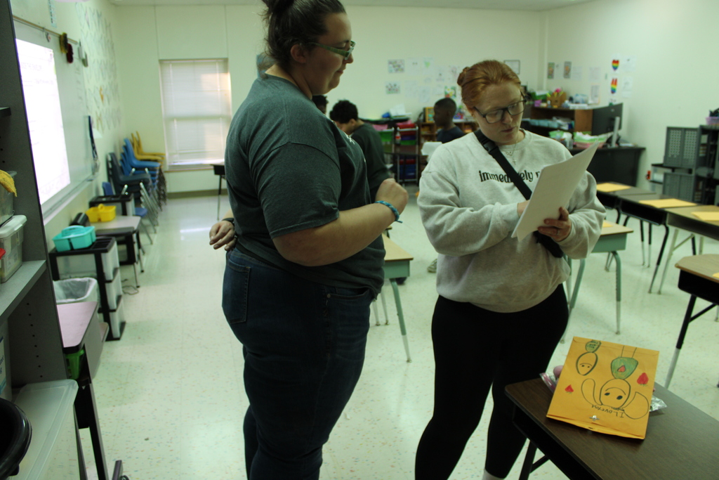 Parents and staff in classroom discussing students