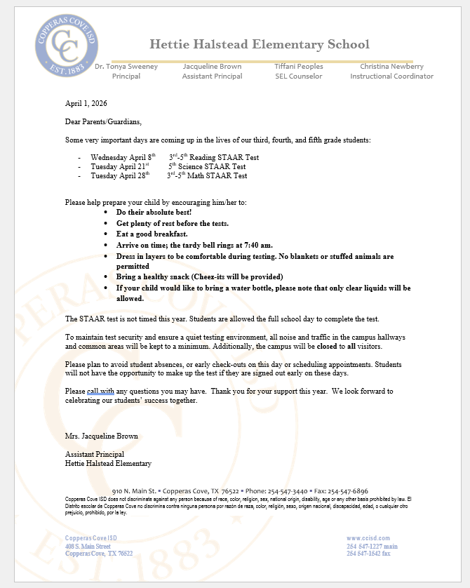 STAAR Test Flyer with CCISD logo details in caption
