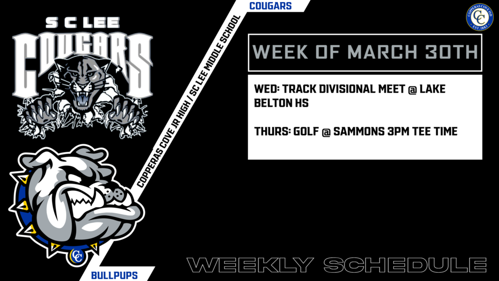 jr high week of march 30th wed track divisional meet at lake belton hs, thurs gold at sammons at 3pm