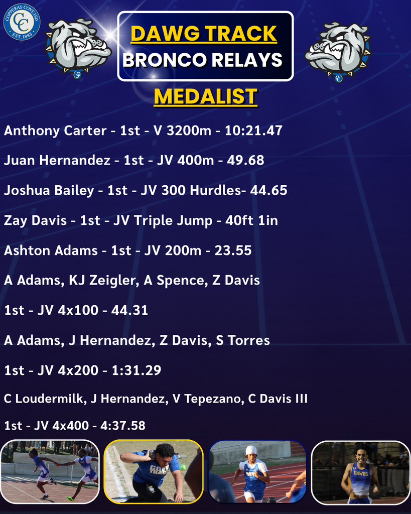 Medalist Anthony Carter - 1st - V 3200m - 10:21.47 Juan Hernandez - 1st - JV 400m - 49.68 Joshua Bailey - 1st - JV 300 Hurdles- 44.65 Zay Davis - 1st - JV Triple Jump - 40ft 1in Ashton Adams - 1st - JV 200m - 23.55 A Adams, KJ Zeigler, A Spence, Z Davis 1st - JV 4x100 - 44.31 A Adams, J Hernandez, Z Davis, S Torres 1st - JV 4x200 - 1:31.29 C Loudermilk, J Hernandez, V Tepezano, C Davis III 1st -JV 4x400 - 4:37.58