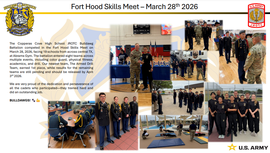 A graphical flyer with pictures of Copperas Cove High School ROTC member with their instructors at a Skills Meet. Text in message body.