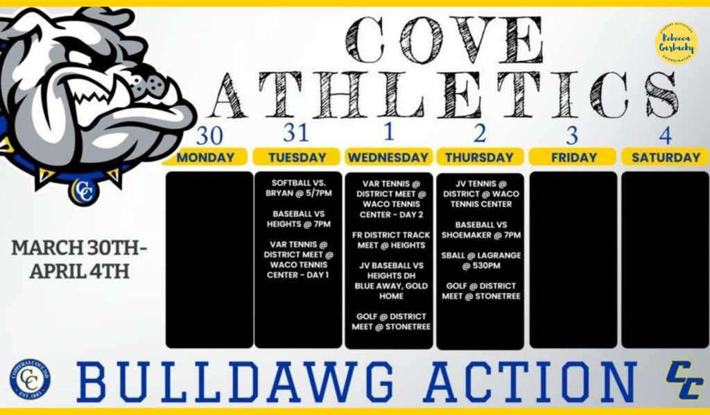 A graphical chart showing the various athletic activities throughout the week.  The logos of the Copperas Cove ISD Bulldawg and Copperas Cove ISD seal are present. Text in post body. 