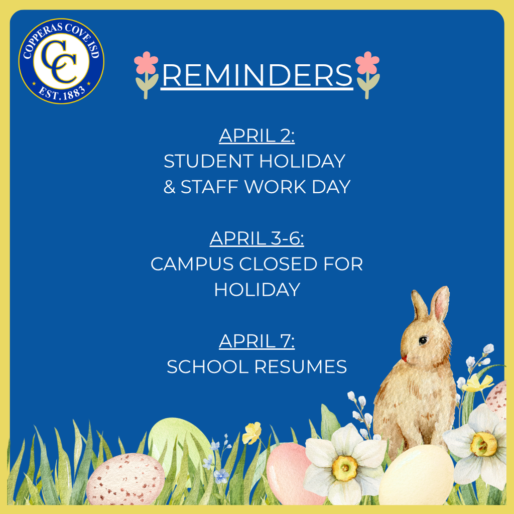 blue and gold graphic with ccisd seal and clip art of a bunny sitting in grass with flowers and easter eggs. text in post