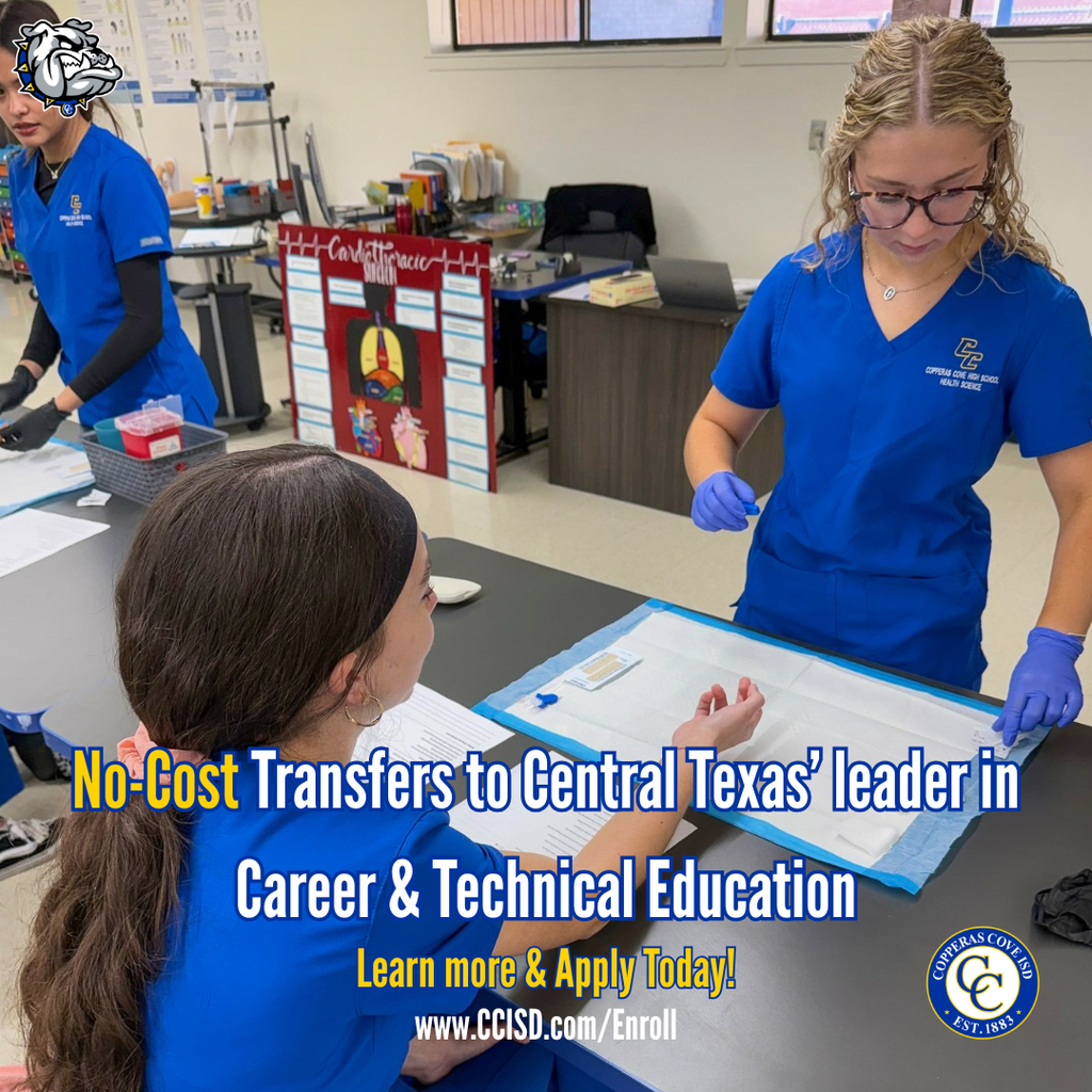 Graphic with CCISD logo, Bulldawg logo, photo of health science students setting up for phlebotomy