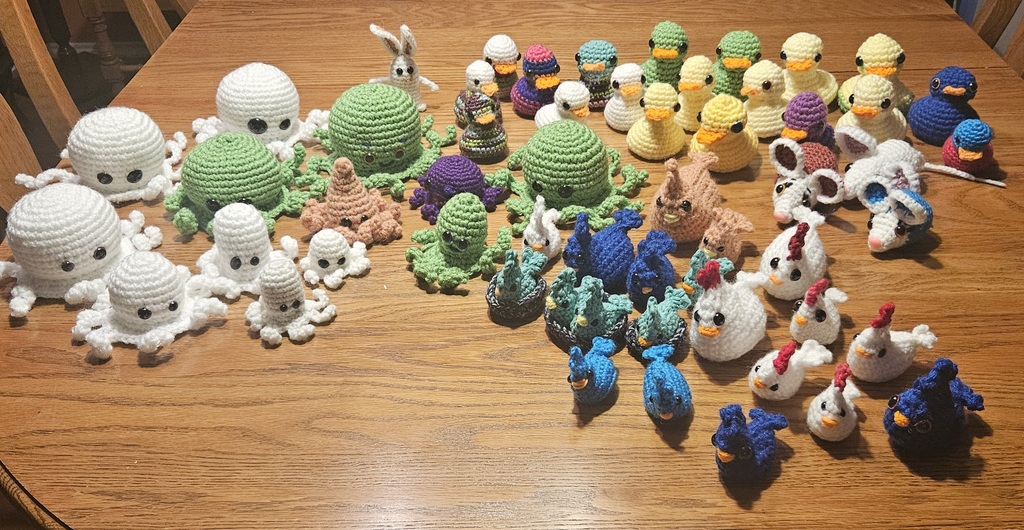 A variety of crochet animals.