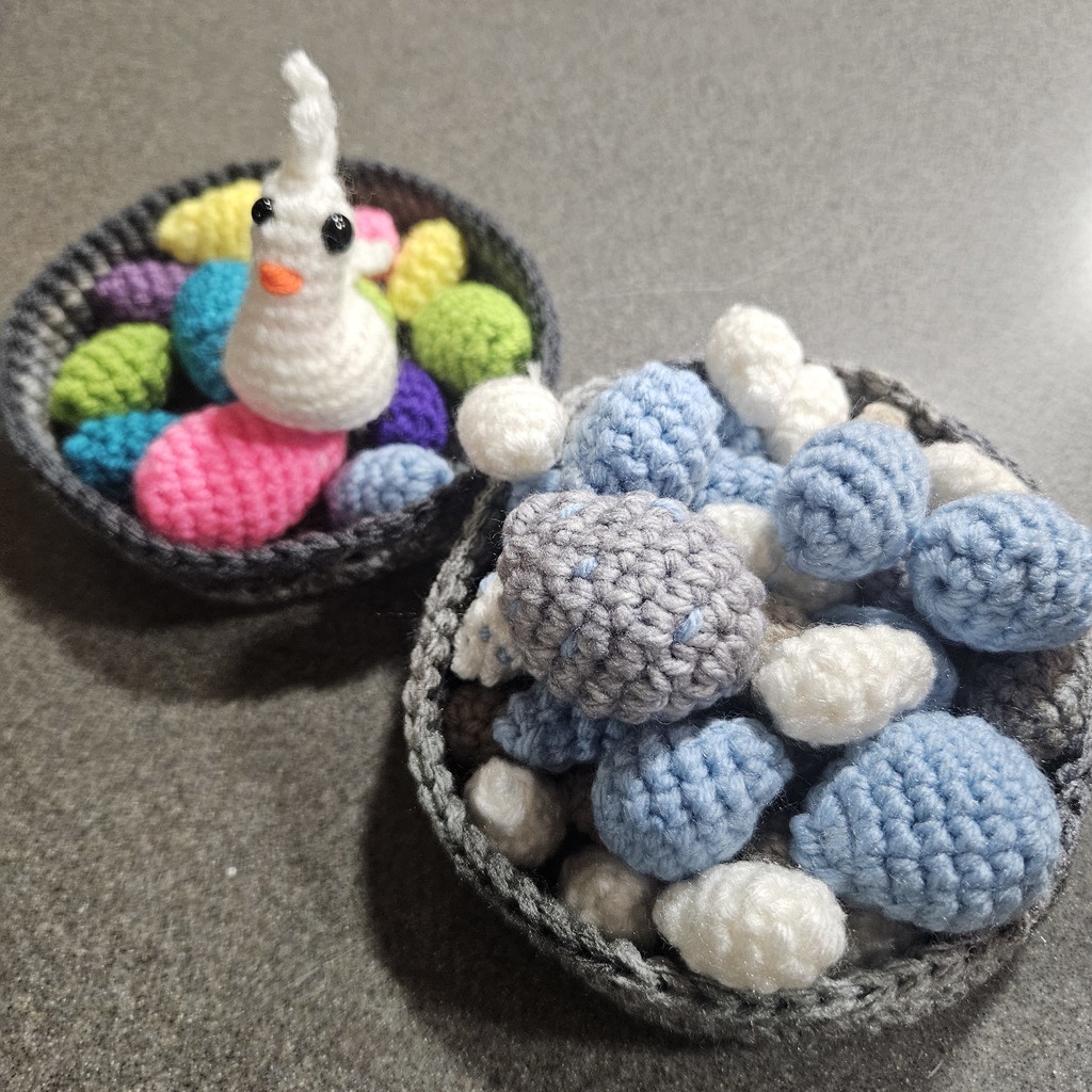 A variety of crochet animals.